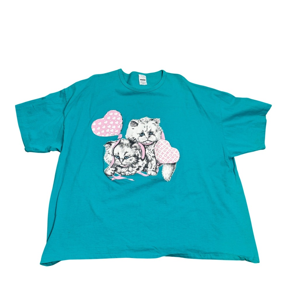 Vintage CMS Casuals Kitten Heart Graphic T-Shirt Teal Green 2X-3X Made in USA